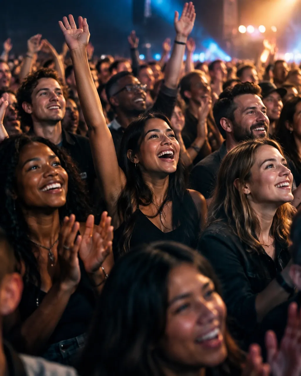 A happy audience cheering and enjoying a live event