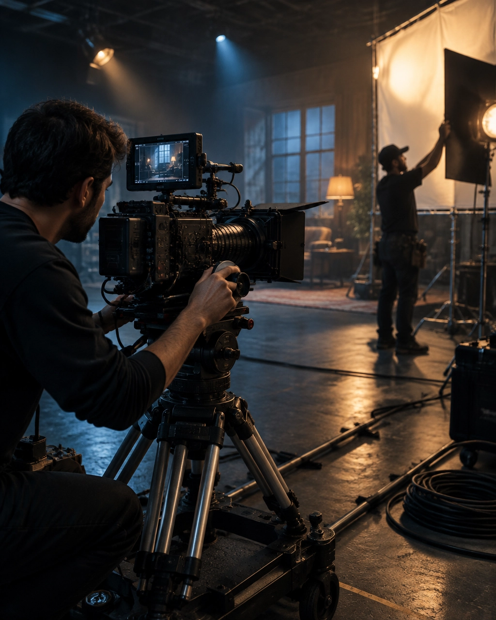 A film crew shooting a scene on a studio set